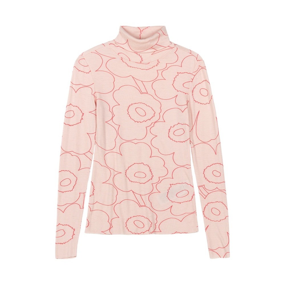 Marimekko Vilina Piirto Unikko Wool Turtleneck Shirt. pink/red